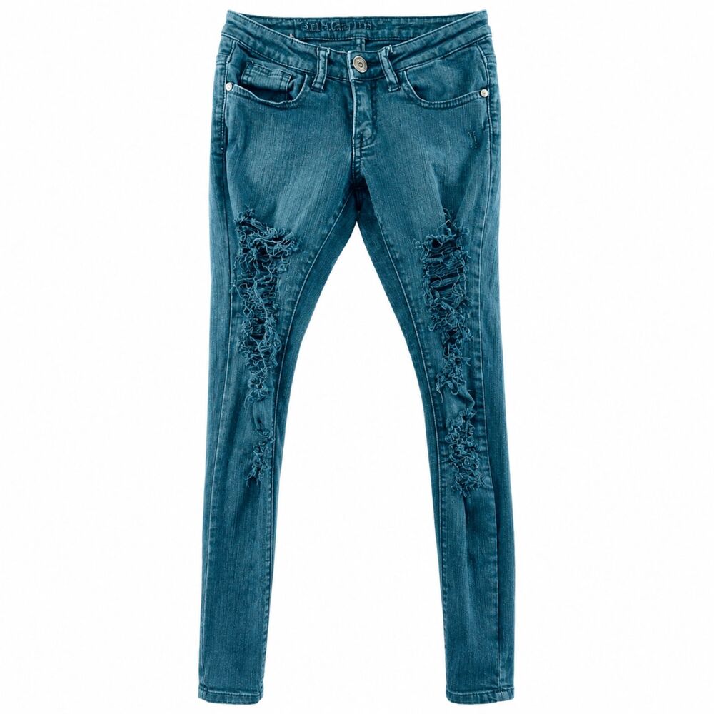 Machine Nouvelle Mode Women’s Skinny Jeans 24x29 Blue Distressed Low Rise Denim